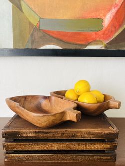 Vintage Leaf Shaped Monkey pod Wood Bowls- Set of 2