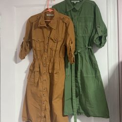 Girls Speed Limit Utility Shirt Dresses Set of 2 Midi Mustard /Olive Size 12