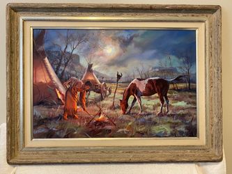 “Tending Fire,” oil painting by Fleming