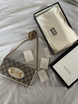 Authentic Gucci Horsebit 1955 Chain Wallet GG Coated Canvas Wallet On chain