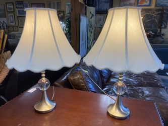 Chrome & Crystal Table Lamps w/ Scalloped Shades (Set of 2)