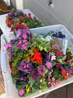Plastic Bin Full Of Carting Decoration Flowers Great For Buffet