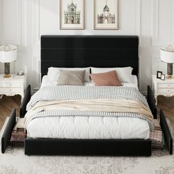 Queen Size Storage Platform Bed Frame with 4 Drawers & Upholstered Velvet Slat Headboard, Black