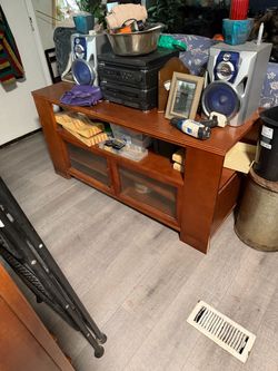 Wood TV Stand with Glass Cabinet Doors