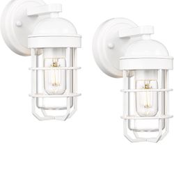 Modern Outdoor Wall Lighting for House Front Porch, 2 Pack Industrial Exterior Wall Light Fixtures, White Finish with Clear Tempered Glass, GE255B-2PK