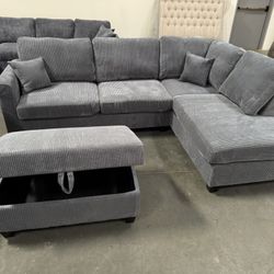 New! 106” Plush Sectional Sofa With USB PORTS, Cordoroy Couch, Grey Sofa, Grey Sectional, Grey Couch, Light Grey Sofa Couch And Storage Ottoman, Couch