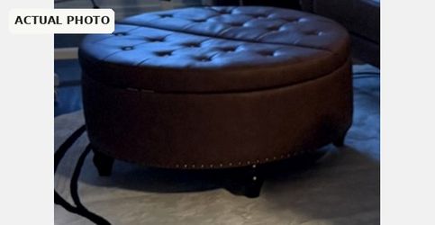 Large Round Leather Storage Ottoman | Tufted