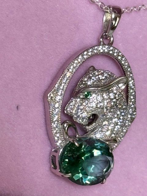 New, Custom Made, Sterling Silver Pave Cougar Profile Pendant with a 13x10mm Green diopside with an 18inch SS chain.