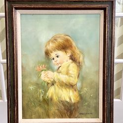 Framed Painting of Child with Flower—Signed by the artist.