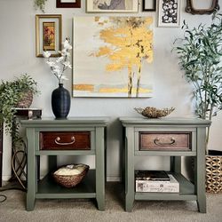 Sage green end tables/ nightstands with walnut and gold accents 
