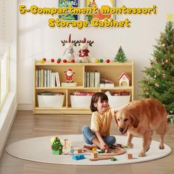 2-Tier Wooden Montessori Cabinet, Freestanding Kids Bookshelf & Toy Storage Organizer, Rounded Corner & Anti-Tip Furniture for Nursery Playroom Classr