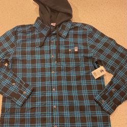 Men’s DC Plaid Shirt w/hoodie, Size Medium 