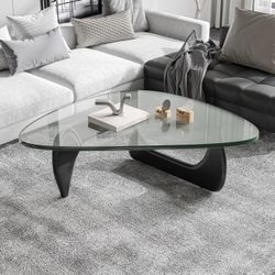 Triangle Glass Coffee Table Clear Glass Top Table with Black Base Solid Wooden End Table for Living Room