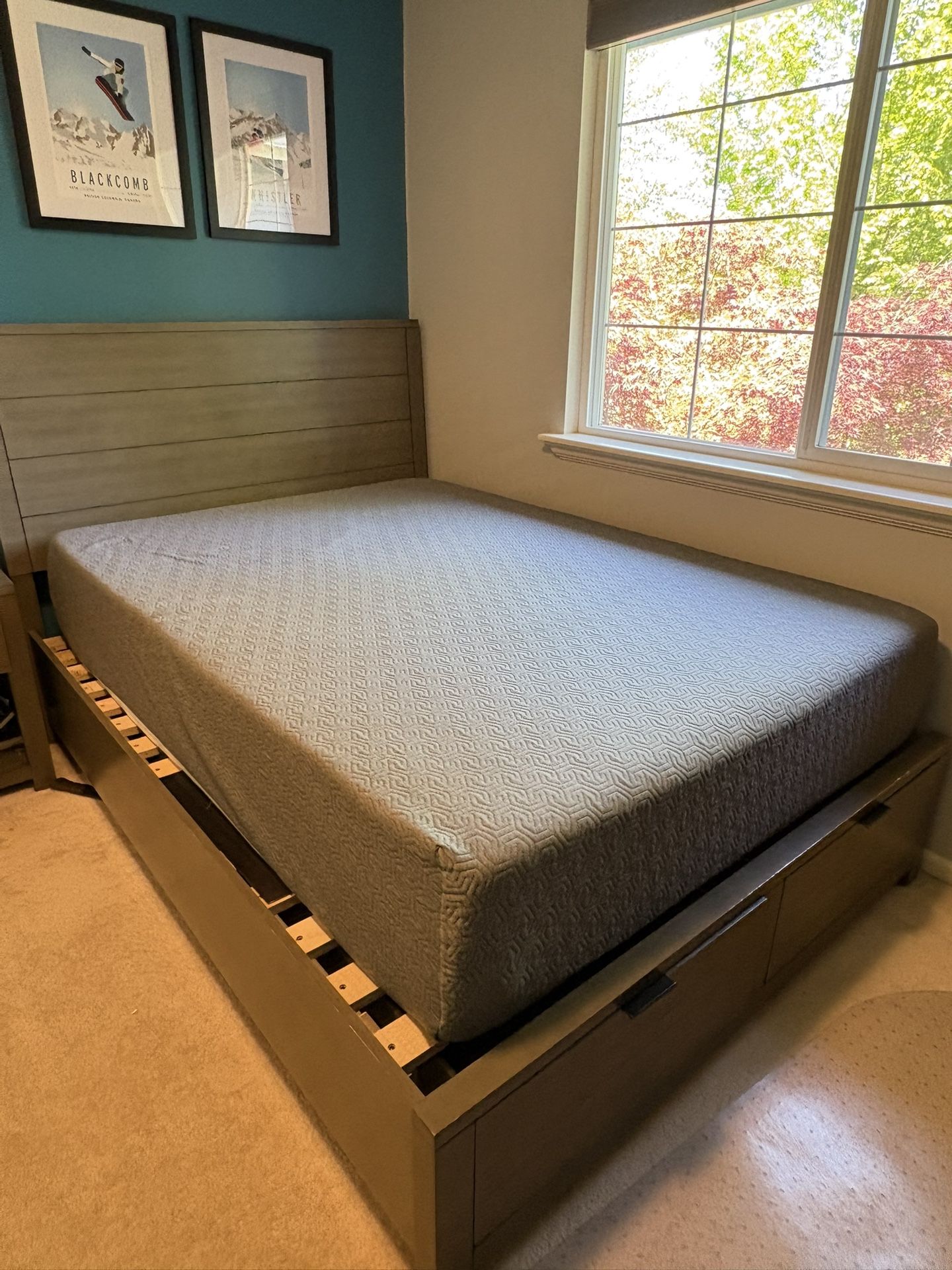 Full Grey Wood Bed Frame with Storage