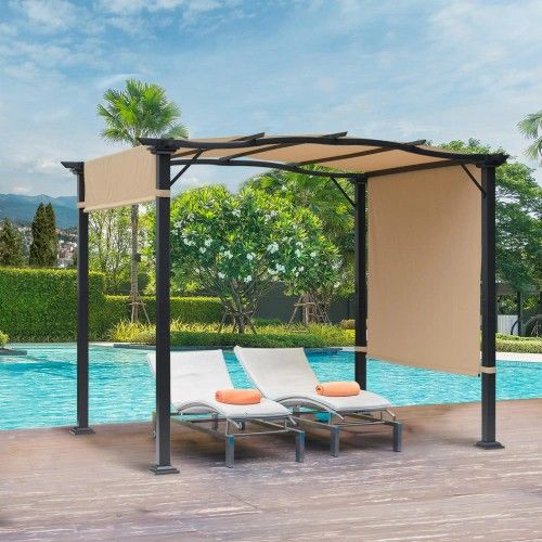 *HOTSALE*Outsunny 8' x 10' Retractable Pergola Canopy, Outdoor Gazebo with Sun Shade Shelter and Steel Frame, for Backyard,