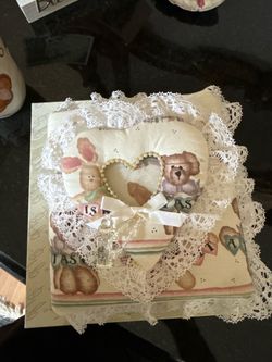 Handmade cottagecore-style teddy bear scrapbook album featuring a quilted heart