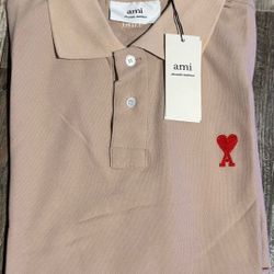 Ami Paris Beige Polo Shirt with Red Ami de Cœur logo