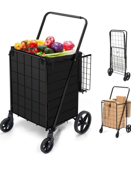 Grocery Cart on Wheels with Removable Liner, Folding Shopping Cart,Heavy Duty Shopping Carts