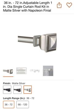 36 in. - 72 in.Adjustable Length 1 in. Dia Single Curtain Rod Kit in Matte Silver with Napoleon Finial
