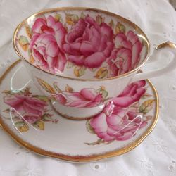 Antique Vintage Bone China Roses Teacup Saucer Set