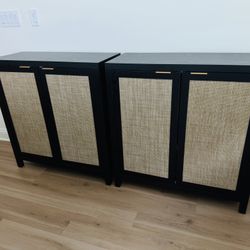 Black And Rattan Side Board Set Of 2