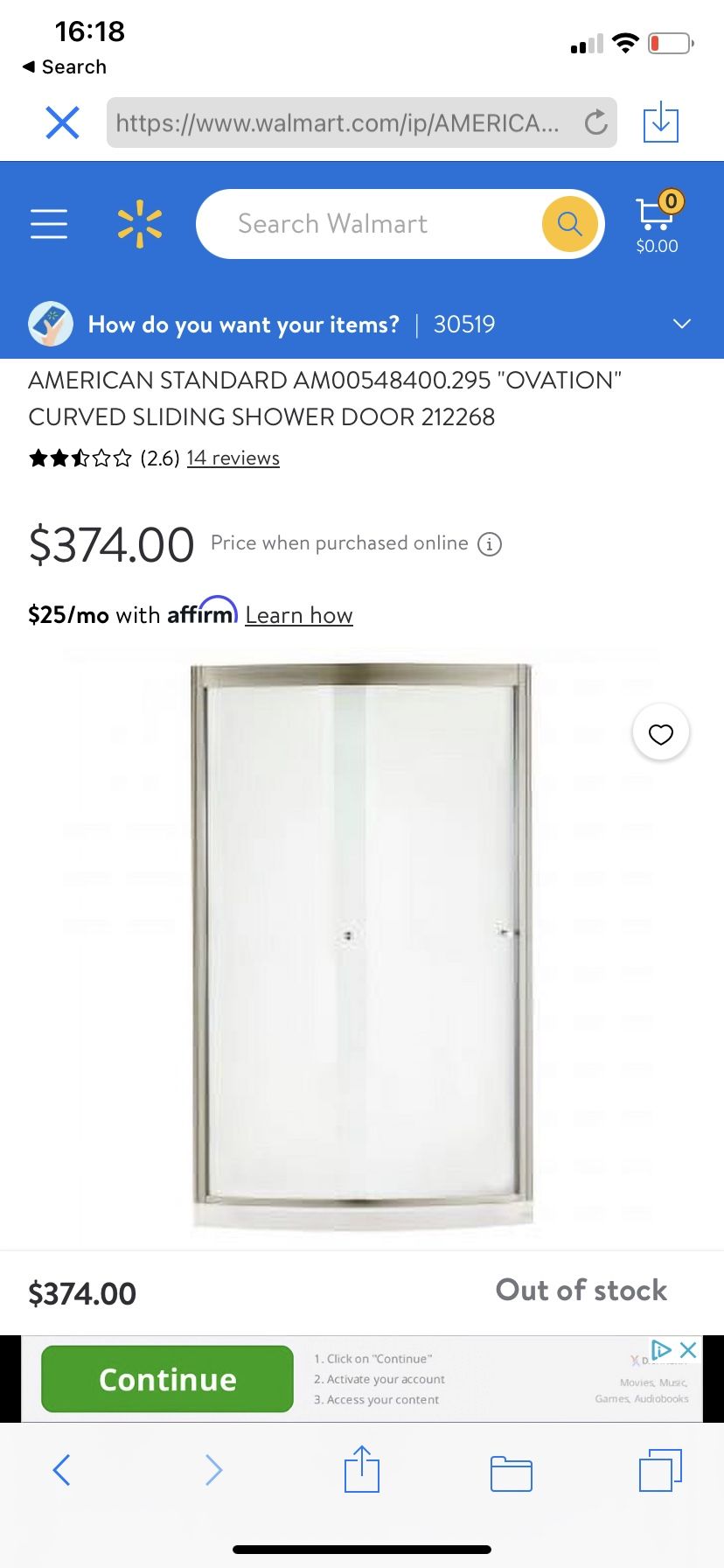AMERICAN STANDARD AM00548400.295 "OVATION" CURVED SLIDING SHOWER DOOR 212268