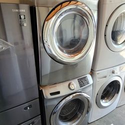 Samsung Front Load Washer And Stackable Gas Dryer Set In Platnum Stainless Steel Look 