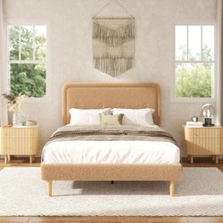 Queen Size Boucle Bed Frame with Adjustable Headboard, Cloud Boucle Upholstered Platform Bed Frame, Rounded Corners Design & Easy Assembly, Box Spring