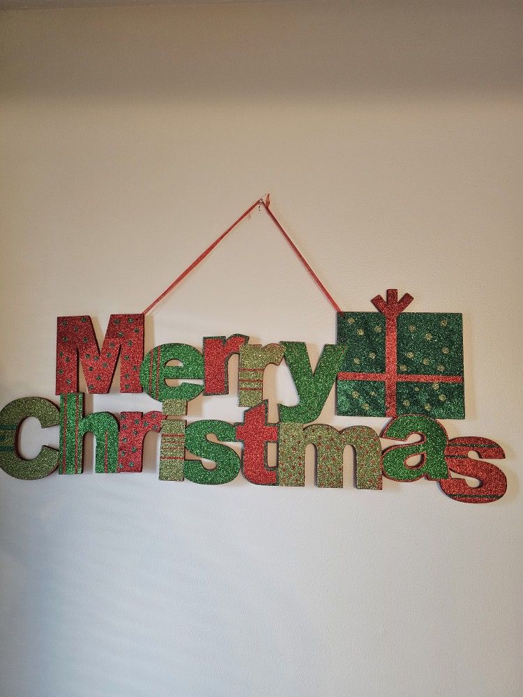 $10.00 - 36" Christmas Wall Art, Glittered!  "Merry Christmas" Message In Gorgeous Colors!  Like New Condition!