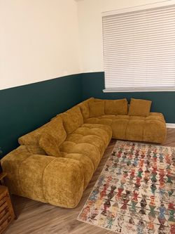 Modern Tufted Modular Sectional – Ochre / Gold (Needs TLC / As-Is)