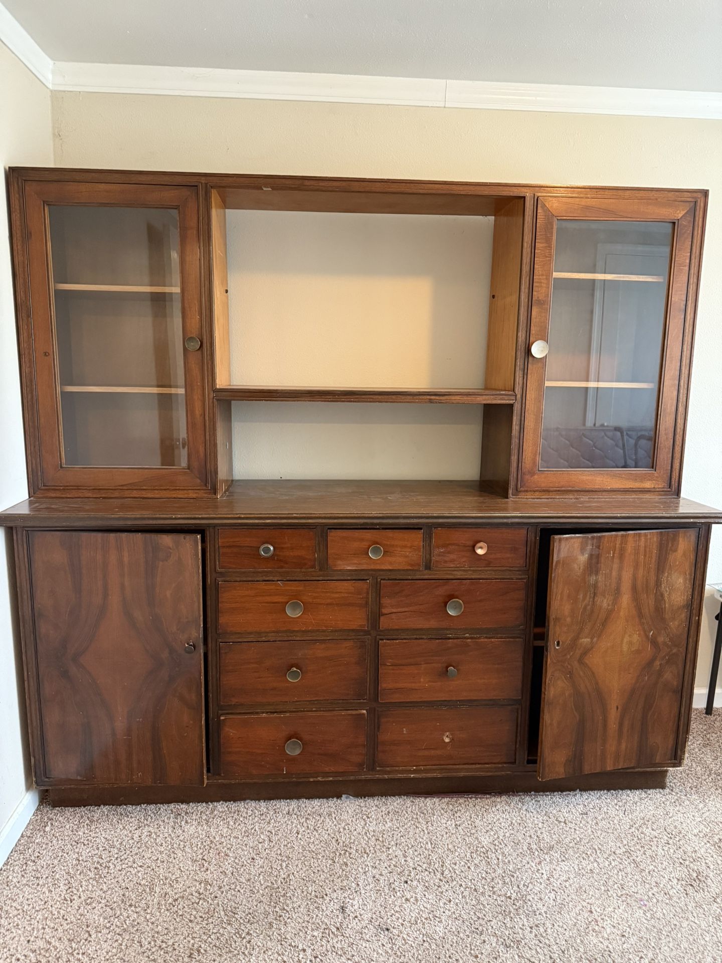 Vintage Solid Wood China Cabinet / Hutch – 2 Pieces