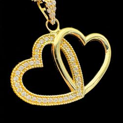 14k solid yellow gold 0.45CTW CZ stone 2 hearts love pendant charm