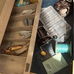 Vintage Fishing Tackle Box Lot w/ Lures Reel & Line