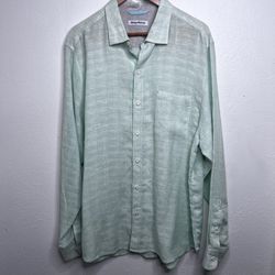 Tommy Bahama Mens XL 100% Linen Blend Button Up Light Green Plaid Long Sleeve