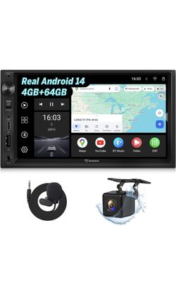 4+64GB Android 14 Double Din Car Stereo 7" Headunit IPS large display wireless CarPlay Android Auto built-in DSP audio Bluetooth 5.4 steering wh