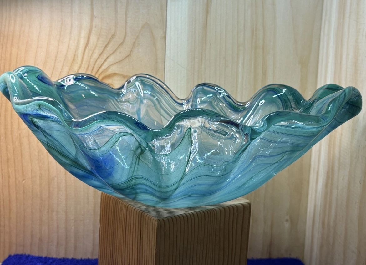 Unique Ocean Art Deco Glass Oval Bowl White Blue Italy Murano Style Glass