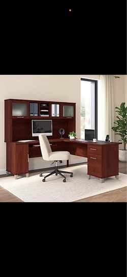 Bush Somerset 72-inch L-shaped desk with matching hutch, model WC81710/ WC81711, in Hansen