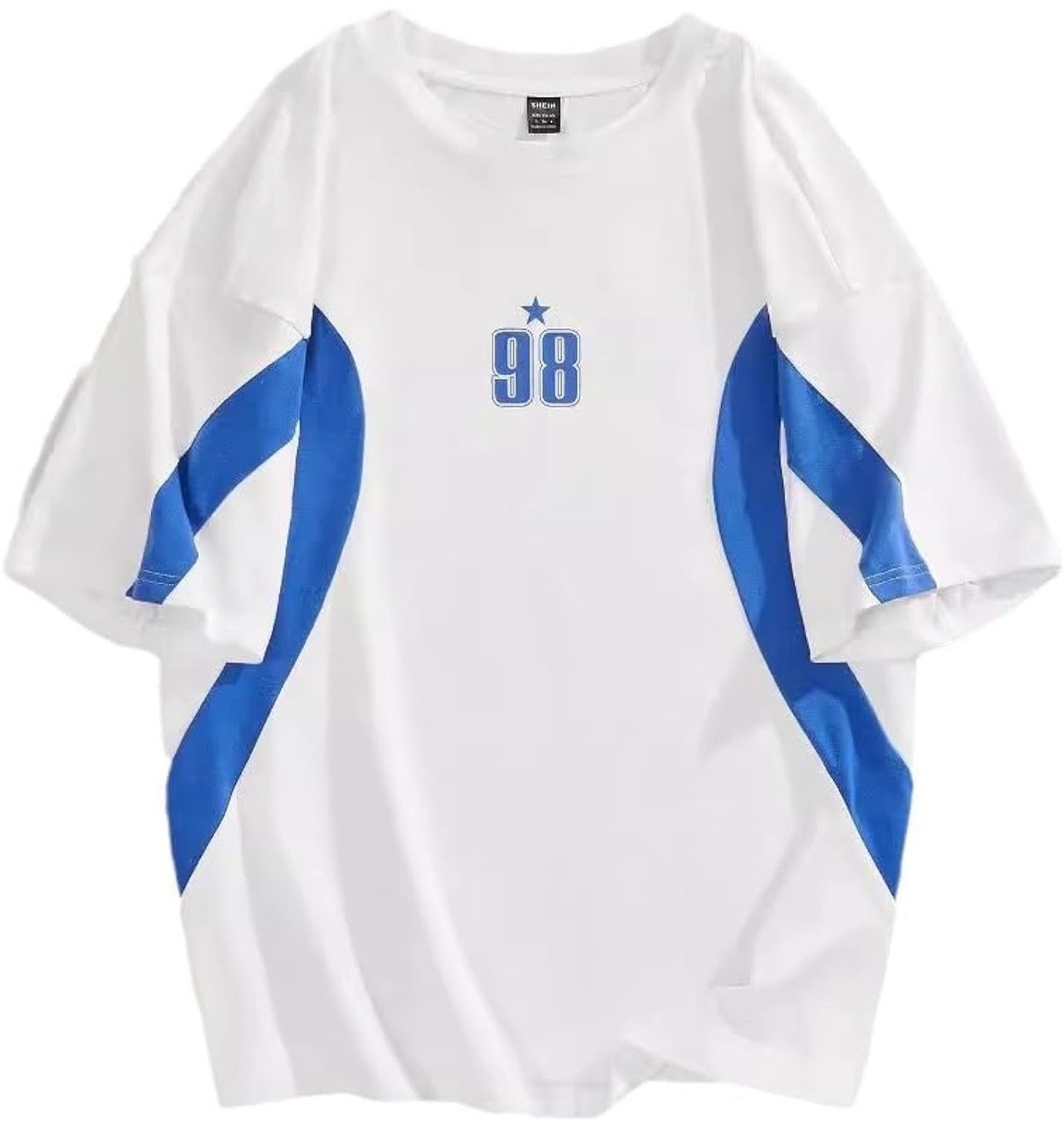 L size Sports T-Shirt with Star 98 Logo, White and Blue Color Scheme, Short Sleeves
