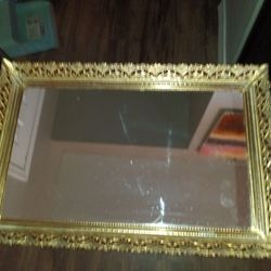 Vintage Gold Metal Filigree Rectangular Mirror Vanity Tray