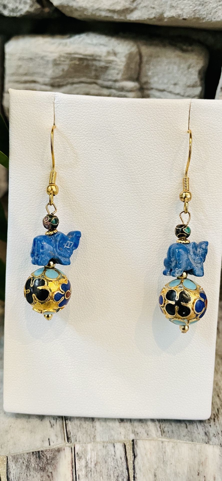 Lapis Lazuli Elephant And Double Gold Cloisonné Earrings