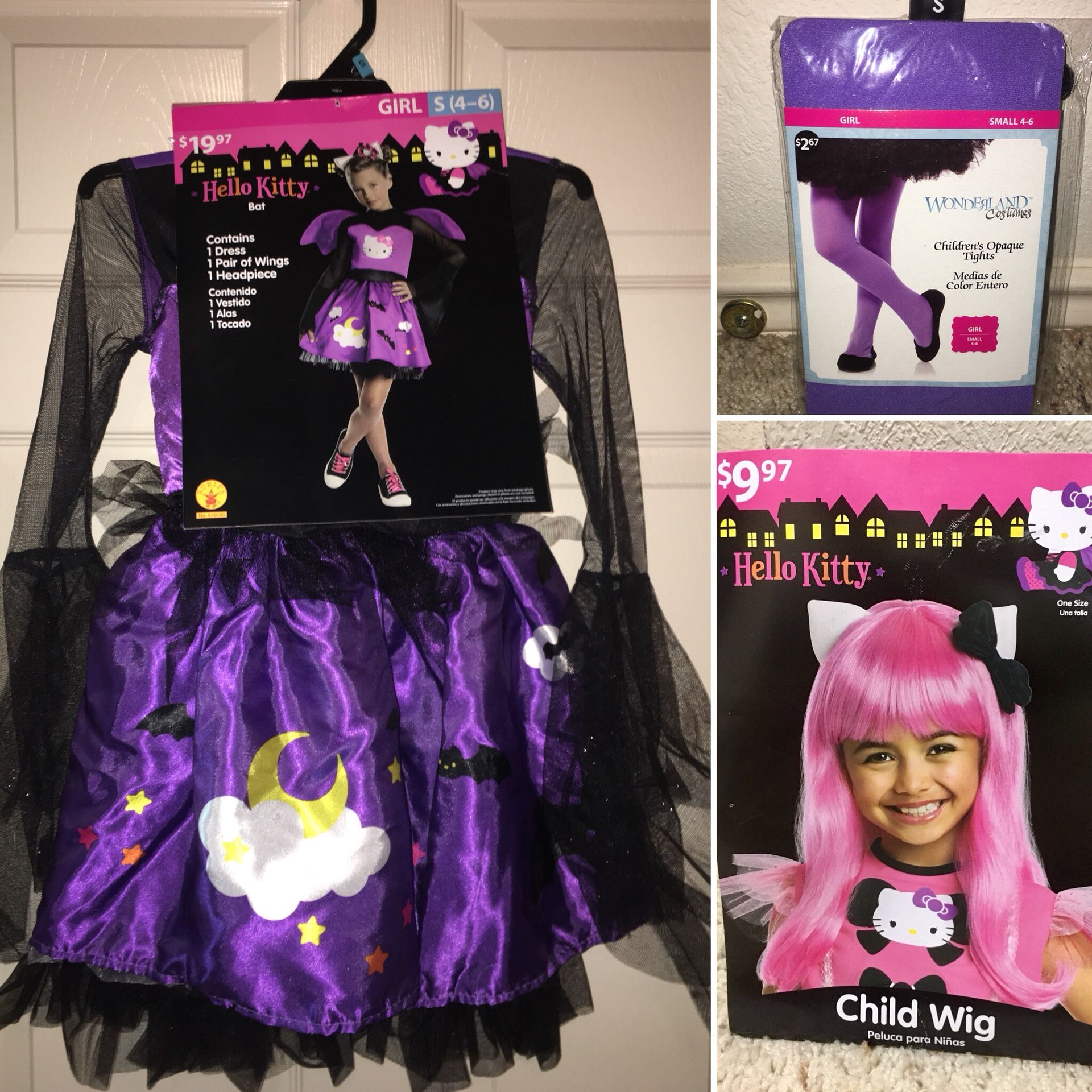 Hello Kitty Bat Costume $12, Purple Tights $3, Wig $5 (All Brand New)