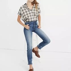 MADEWELL High Waisted Distressed Slim Straight Button Front Jeans