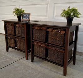 (2) Beautiful 4-Drawer Wood & Wicker Basket Night Stands or Side Tables