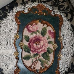 VINTAGE ORNATE METAL CHAIN GOLD DAMASK FRAME FLORAL FLOWER PINK ROSE EMBROIDERED EMBROIDERY CROSS STITCH PICTURE ART PLAQUE DECOR