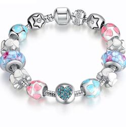 7.5” /925 Silver Plated Charm Bracelet w/ Swarovski Crystal Charm Beads