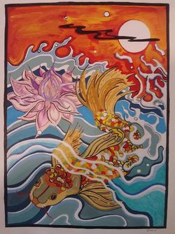 Koi Fish and Lotus Flower Original Painting