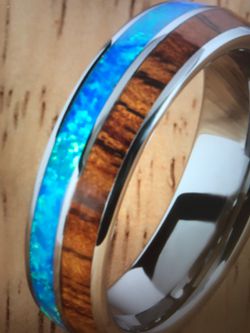 Koa Wood opal tungsten twin tone wedding ring 6mm barrel shape