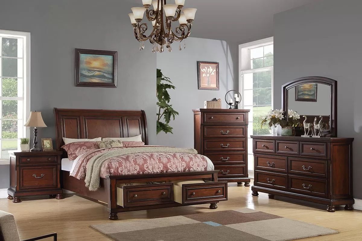 California King Size Storage Bed • Cherry Wood Platform Bed w/ Storage Drawers