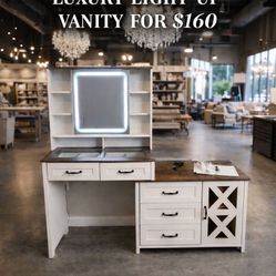 Farmhouse Vanity with Glass Top & Charging Station, Vanity Desk with Touch Screen Mirror and Lights, Makeup Vanity with 5 Drawers & Shelves & Cabinet,