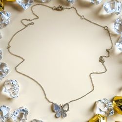 Diamond Butterfly With Mother Of Pearl Chain Necklace 14K Yellow Gold 